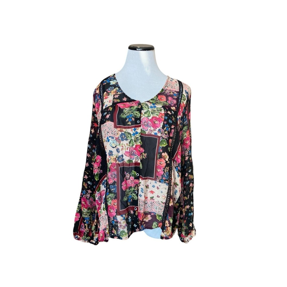 Johnny Was Sheer Boho‎ Floral Patchwork Blouse Size M Romantic Cottage Feminine